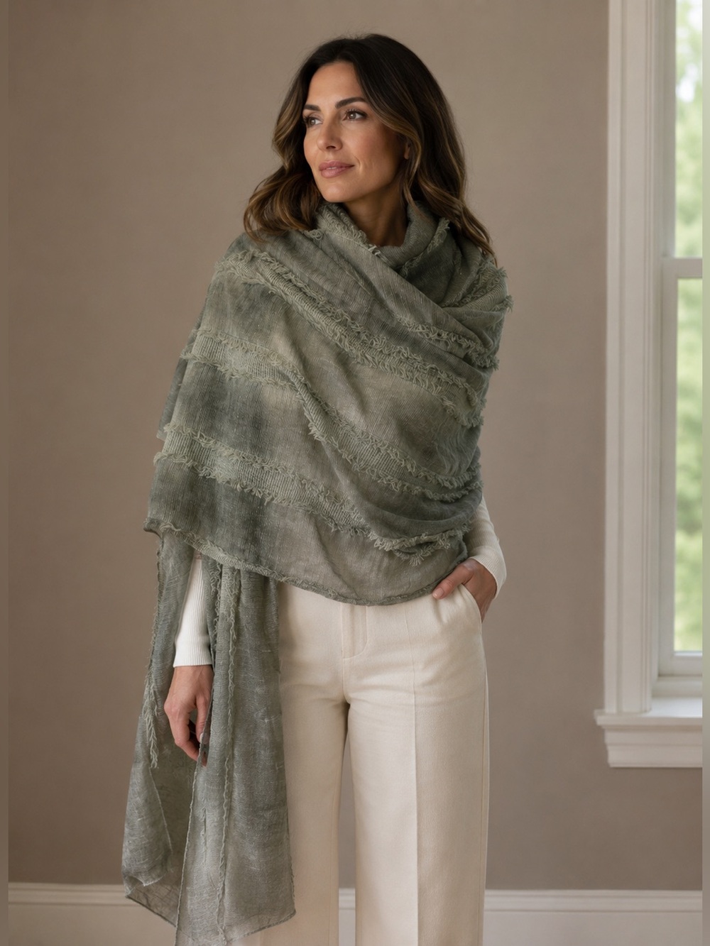 Sea foam with light shading Textured 78/80" long shawl.